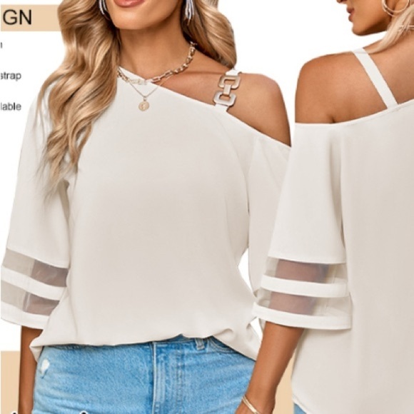 Women's Cold Shoulder Chiffon Blouse 3/4 Bell Sleeve Mesh Panel Tops Casual L - Picture 1 of 6